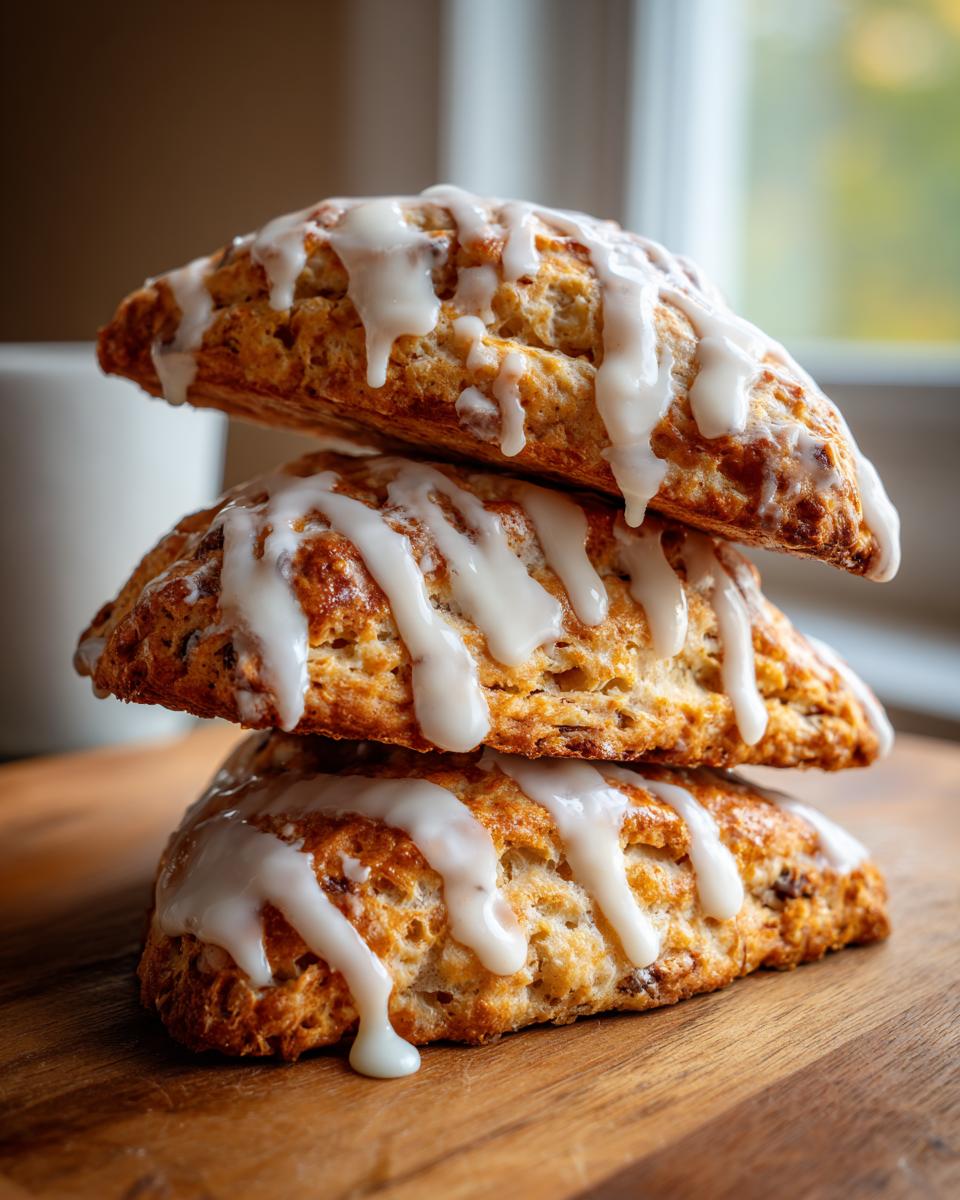 Three delicious chocolate chip scones stacked on a wooden board, drizzled heavily with white vanilla glaze.
