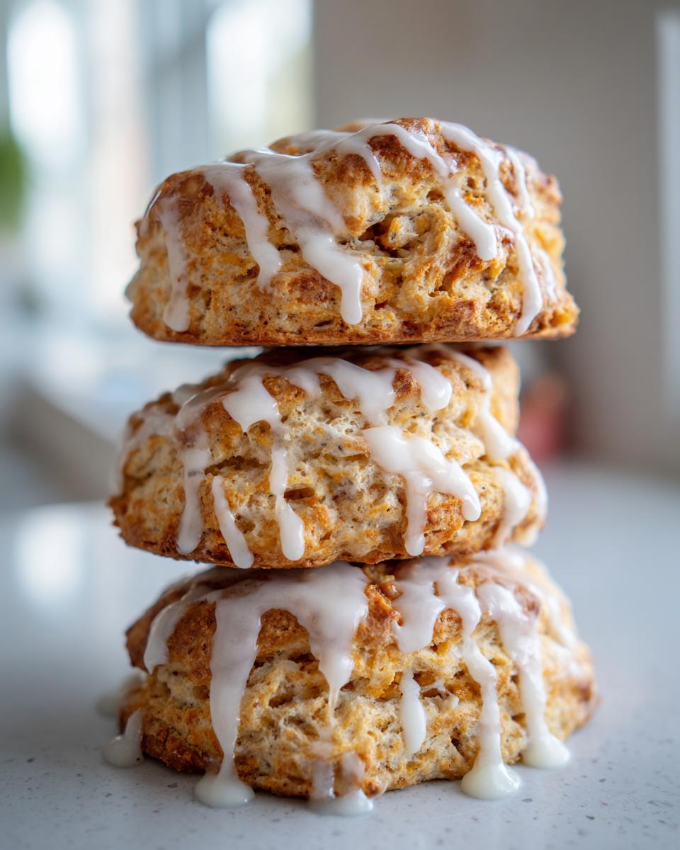 Three tall, flaky chocolate chip scones stacked and drizzled generously with white vanilla glaze.