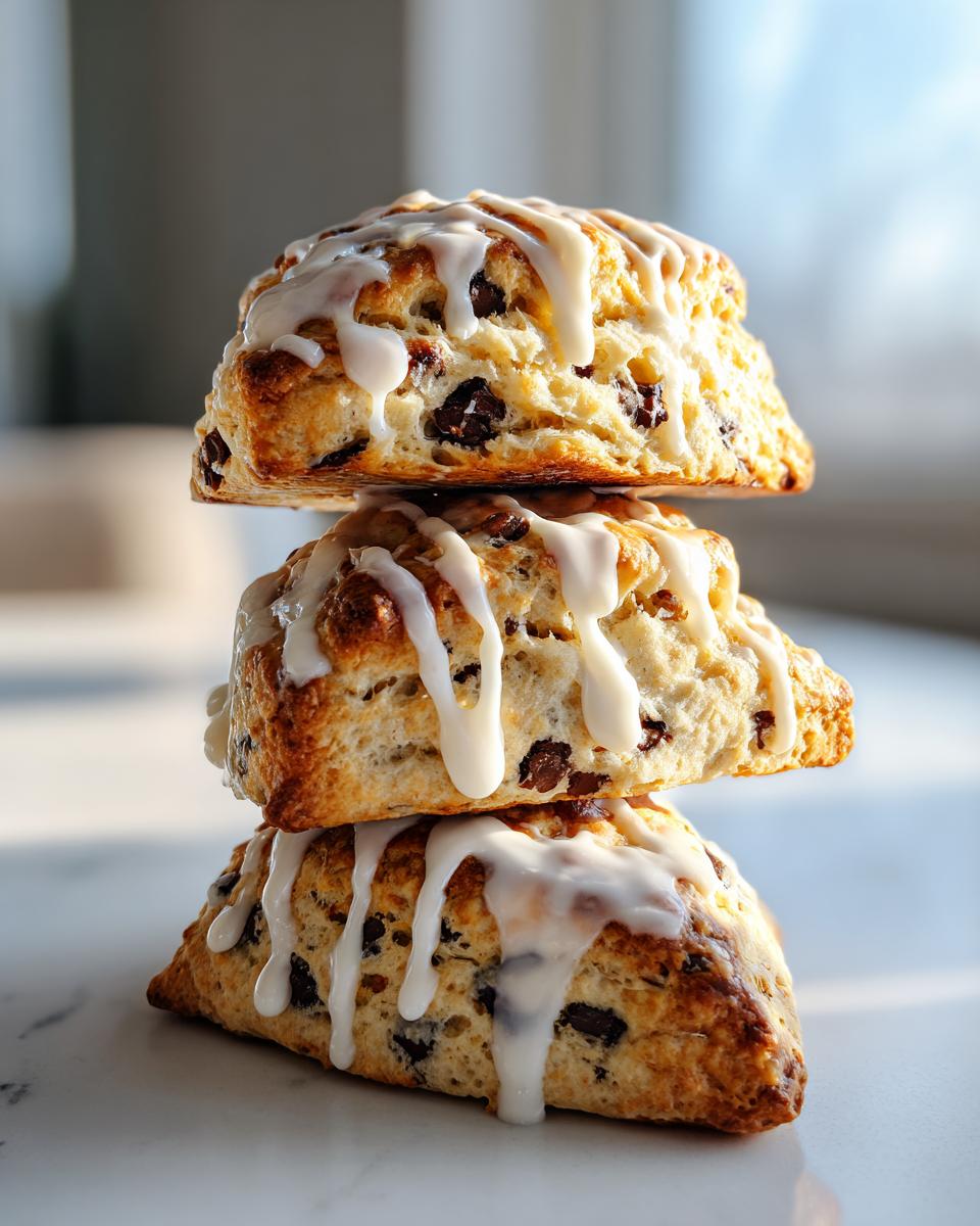 Three freshly baked chocolate chip scones stacked vertically, drizzled with white vanilla icing.