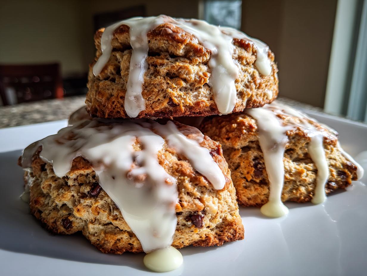 Three freshly baked chocolate chip scones stacked on a white plate, generously drizzled with white glaze.