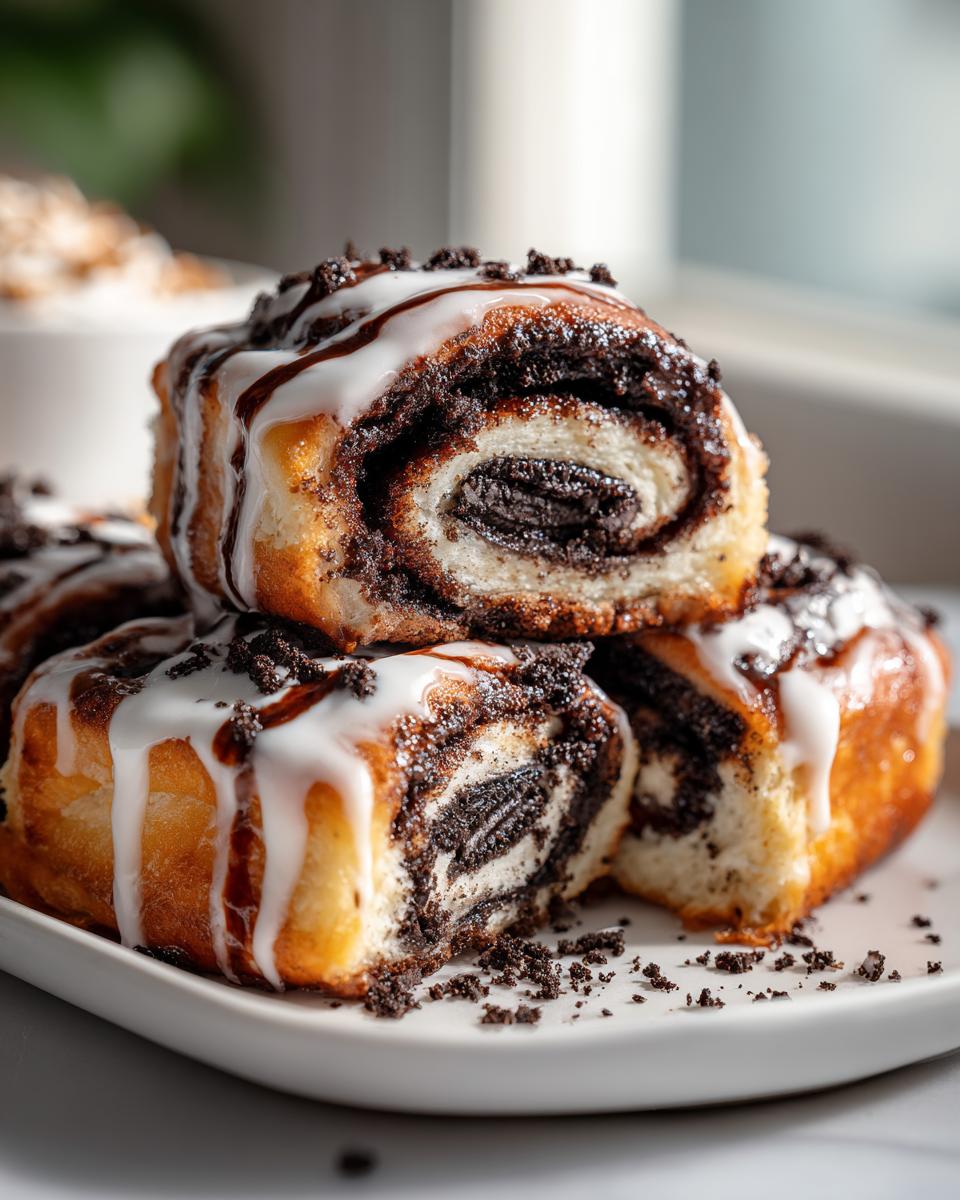 Close-up of stacked, glazed oreo cinnamon rolls showing the dark cookie swirl filling and crushed topping.