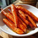Close-up of glossy, caramelized roasted carrots piled high in a white serving bowl.