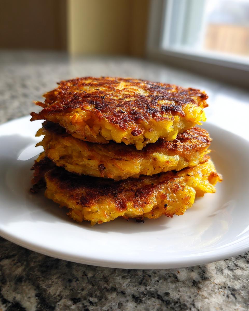 A stack of three golden brown, crispy potato pancakes served on a white plate.