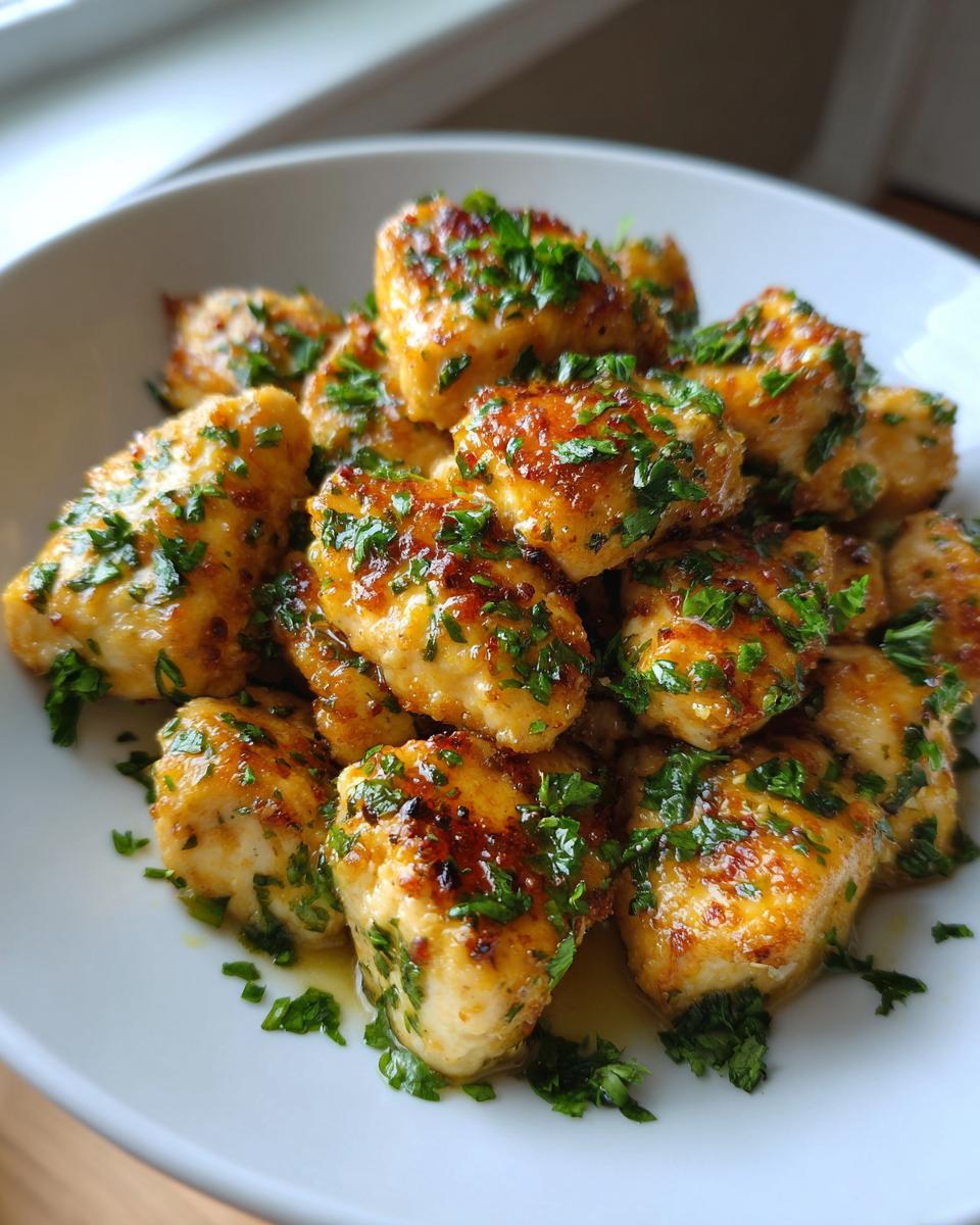 A white bowl filled with golden brown, glazed chicken bites topped generously with fresh chopped parsley.