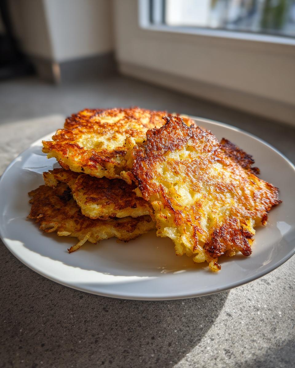 A stack of crispy, golden brown potato pancakes served on a white plate, illuminated by sunlight.
