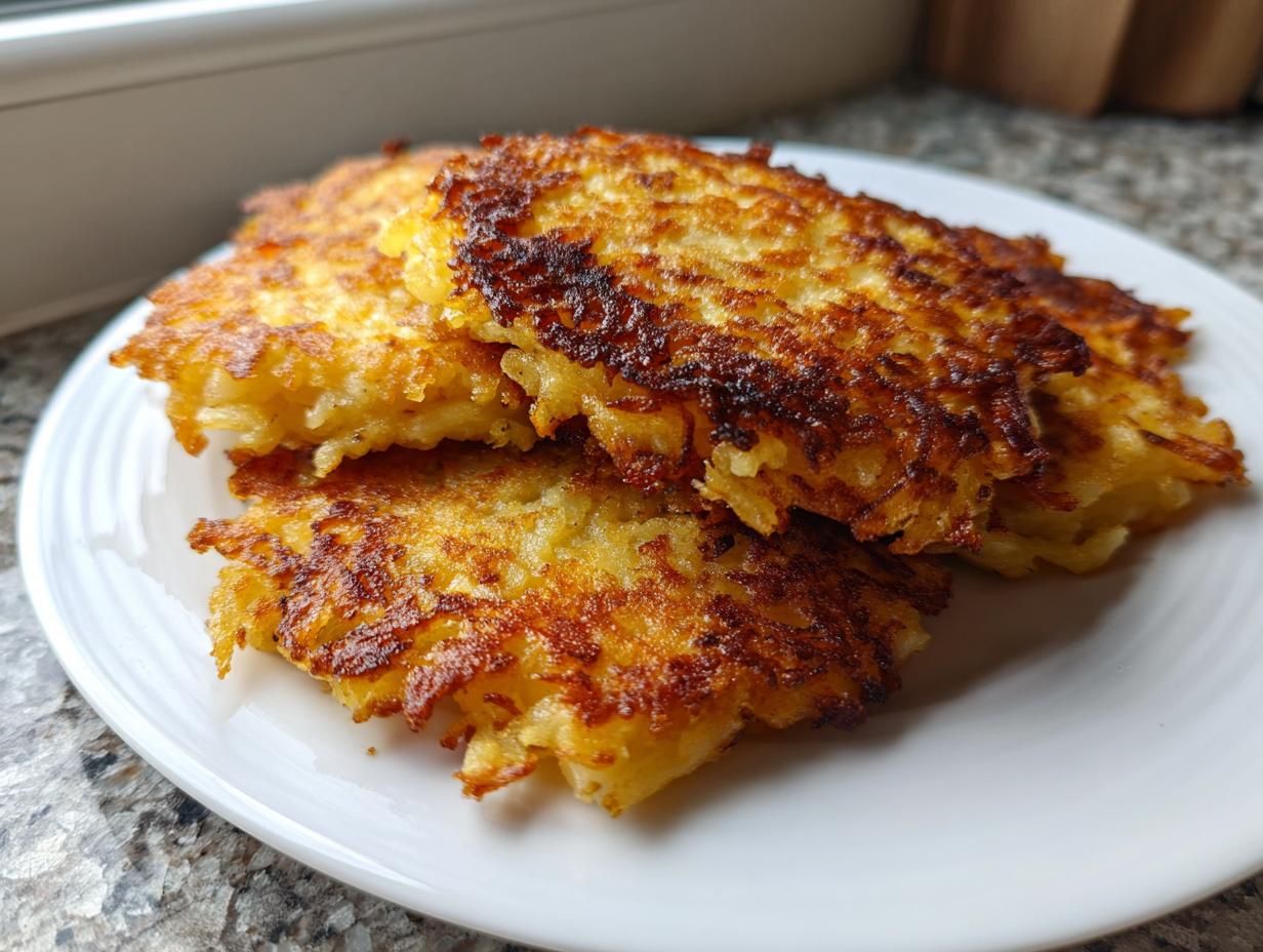 A stack of three perfectly golden brown and crispy potato pancakes served on a white plate.