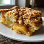 A close-up shot of a rich, gooey slice of apple cobbler featuring tender spiced apples and a thick, buttery crumble topping.