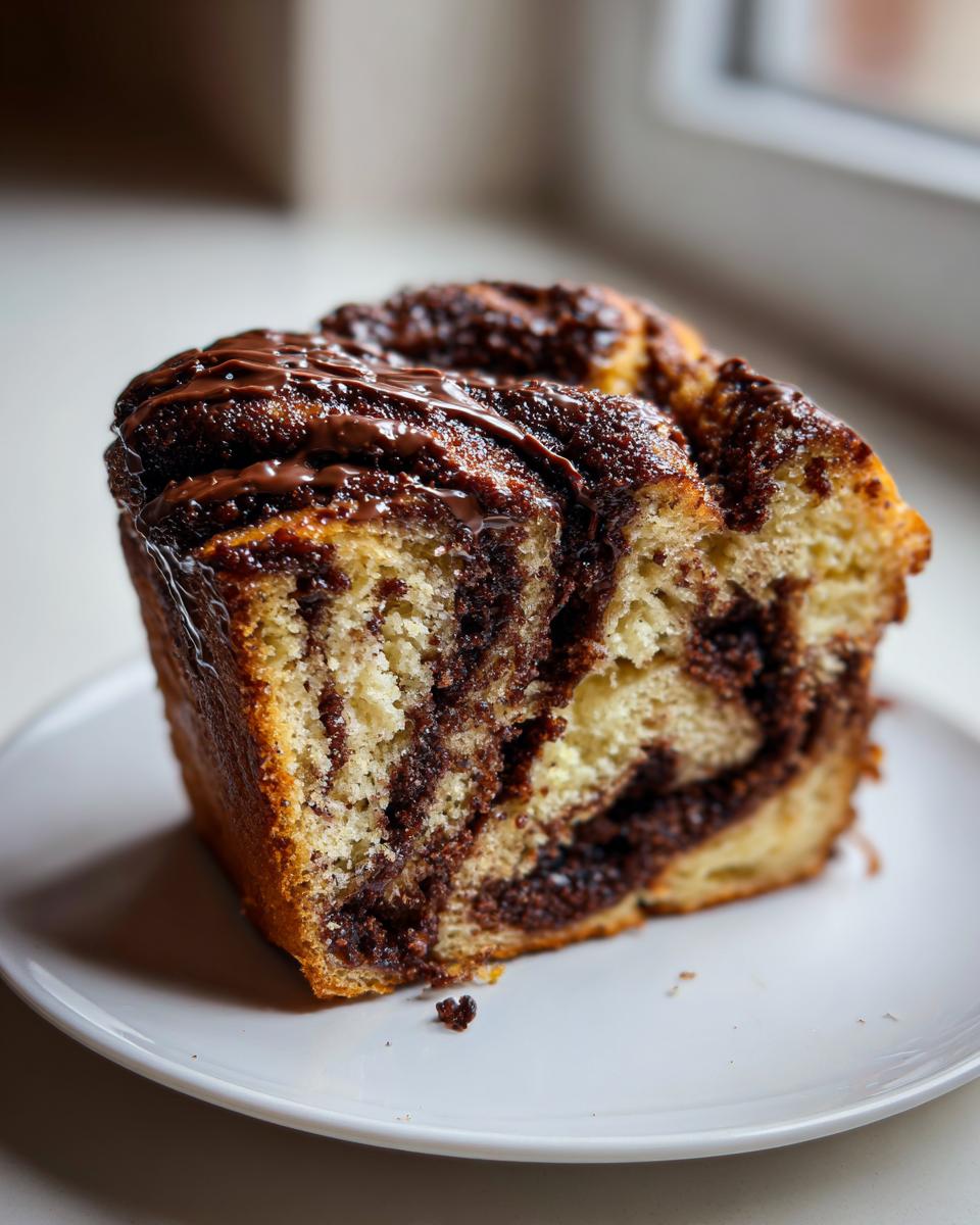 A close-up of a moist, swirled slice of chocolate babka on a white plate, drizzled with chocolate.