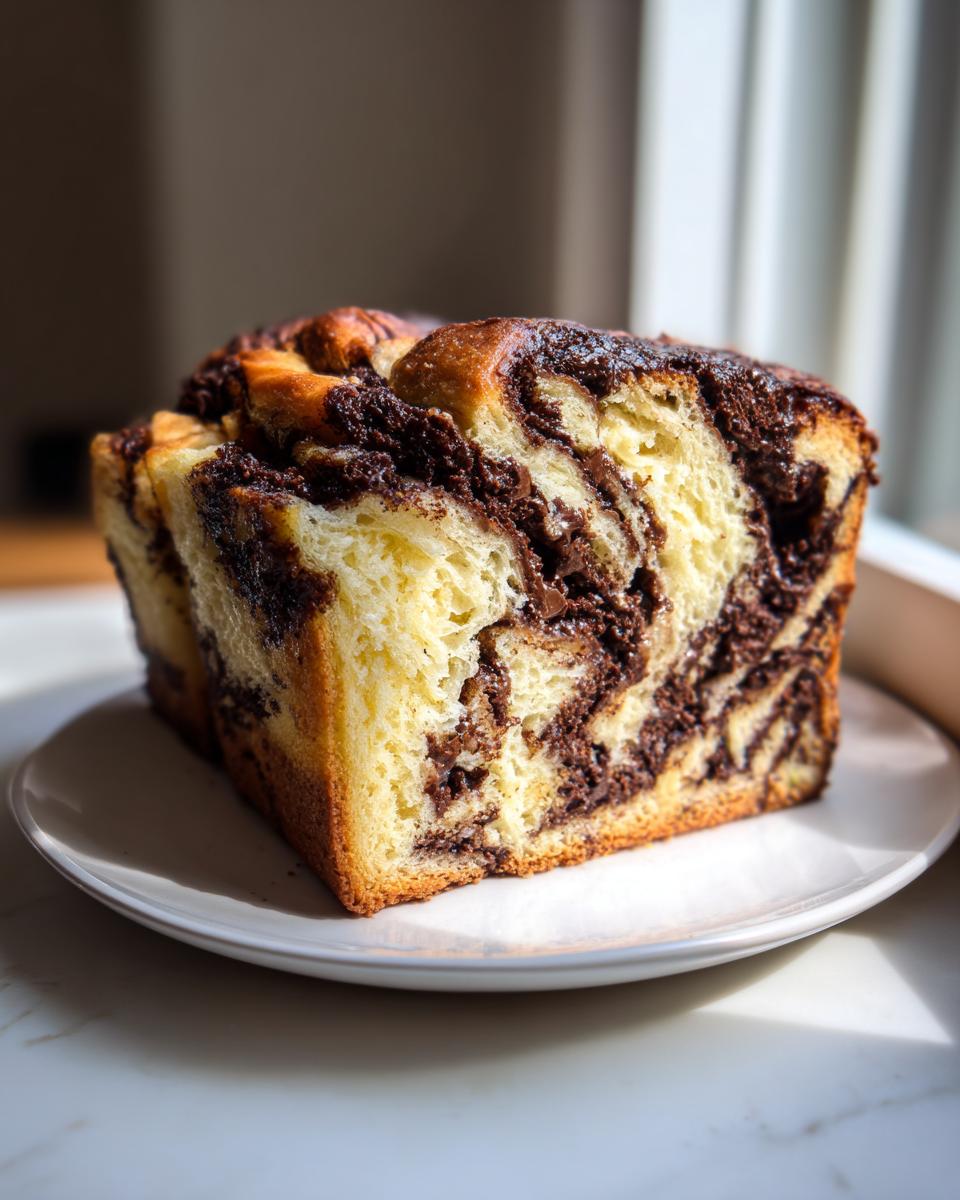 A close-up of a thick slice of rich chocolate babka showing gooey chocolate swirls inside the brioche dough.