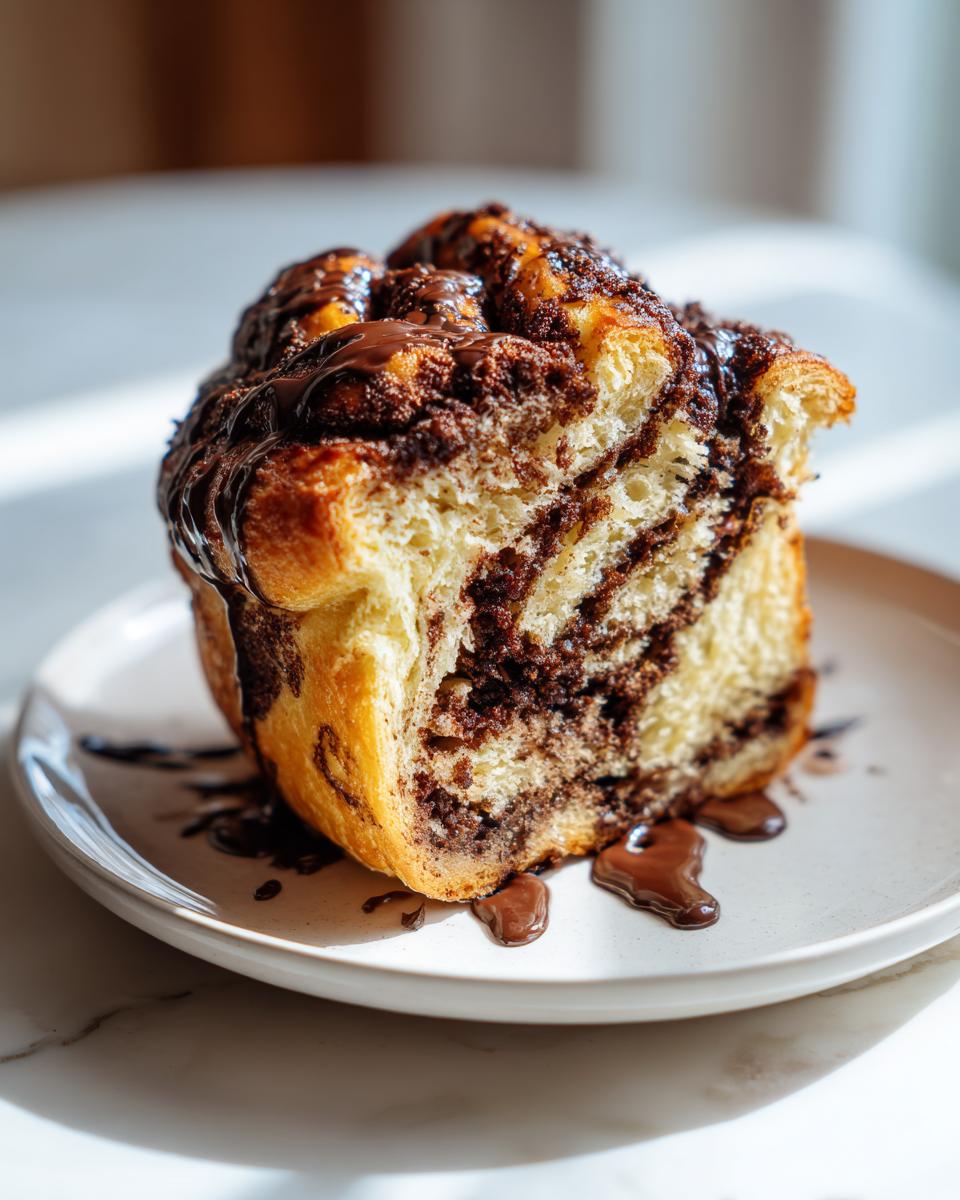 A close-up of a moist slice of chocolate babka, featuring rich swirls and a glossy chocolate drizzle.