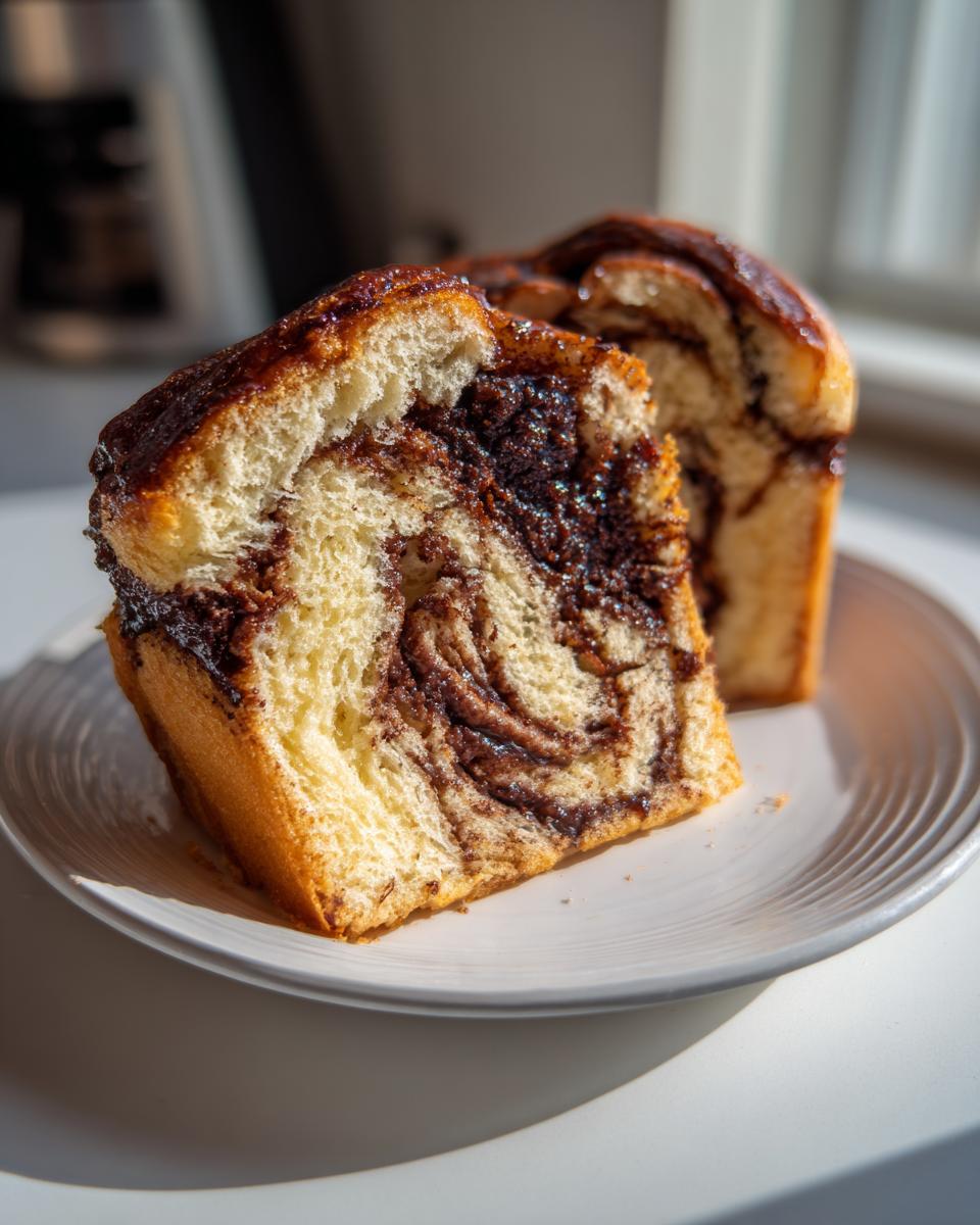 Close-up of a thick slice of chocolate babka showing rich, gooey chocolate swirls inside soft bread.