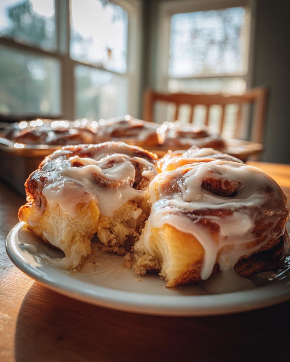 Two halves of a soft, warm tiktok cinnamon roll covered in thick white icing, sitting on a plate.