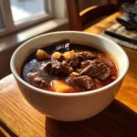 A close-up of a steaming white bowl filled with rich beef barley soup, featuring dark chunks of beef and potatoes.