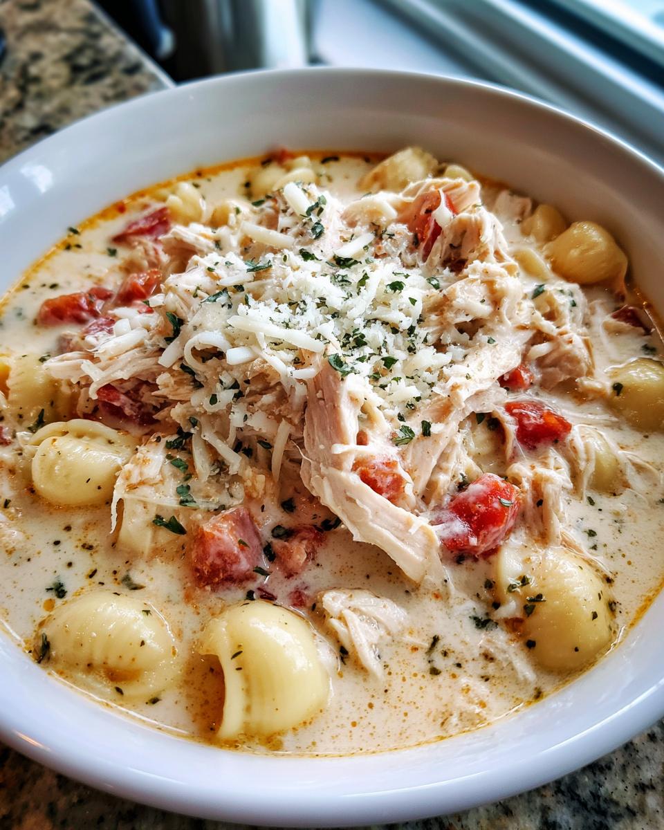 Close-up of a bowl of creamy chicken parmesan soup topped with shredded chicken, diced tomatoes, and grated parmesan cheese.