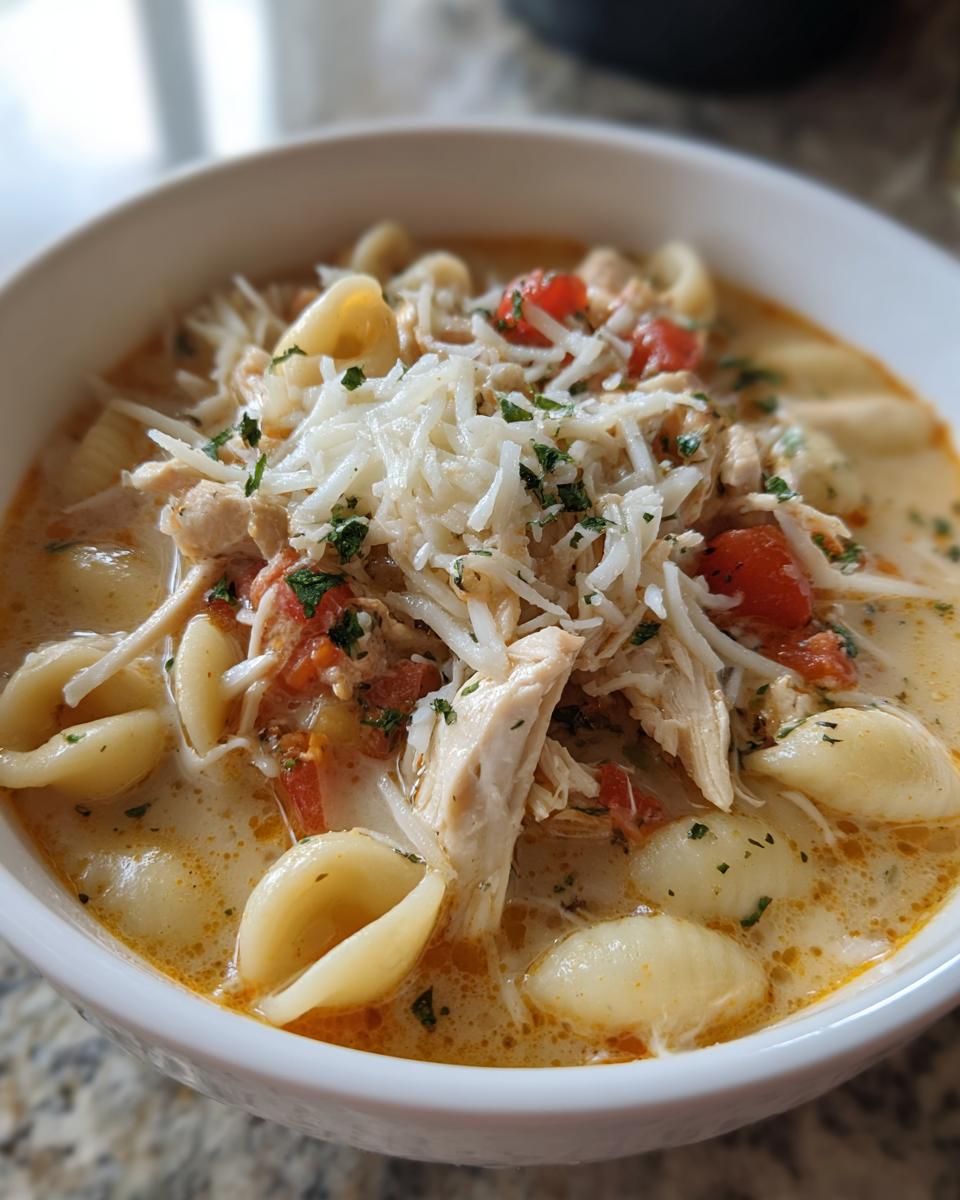 Close-up of a white bowl filled with creamy chicken parmesan soup, featuring shredded chicken, shell pasta, tomatoes, and topped with grated Parmesan cheese.