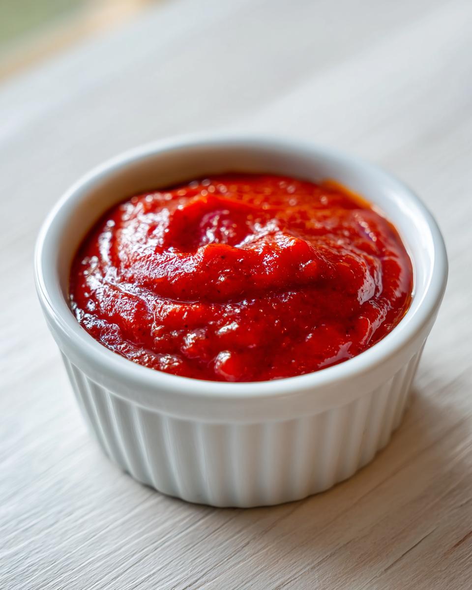 Close-up of vibrant red homemade cocktail sauce recipe served in a small white fluted ramekin.