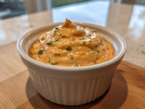 Close-up of a creamy, orange-hued remoulade sauce topped with chopped green herbs in a white ramekin.