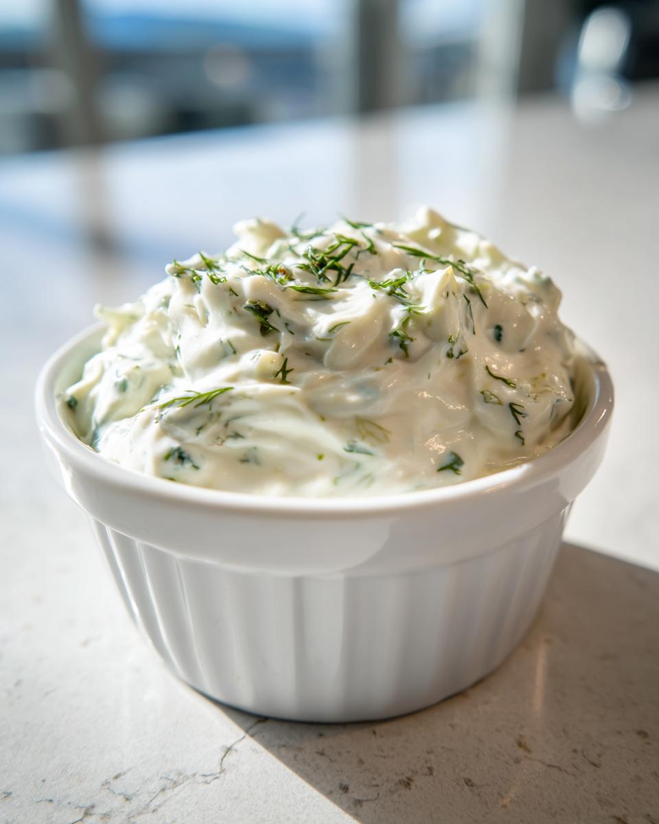 Close-up of creamy homemade tartar sauce recipe topped with fresh dill in a small white bowl.