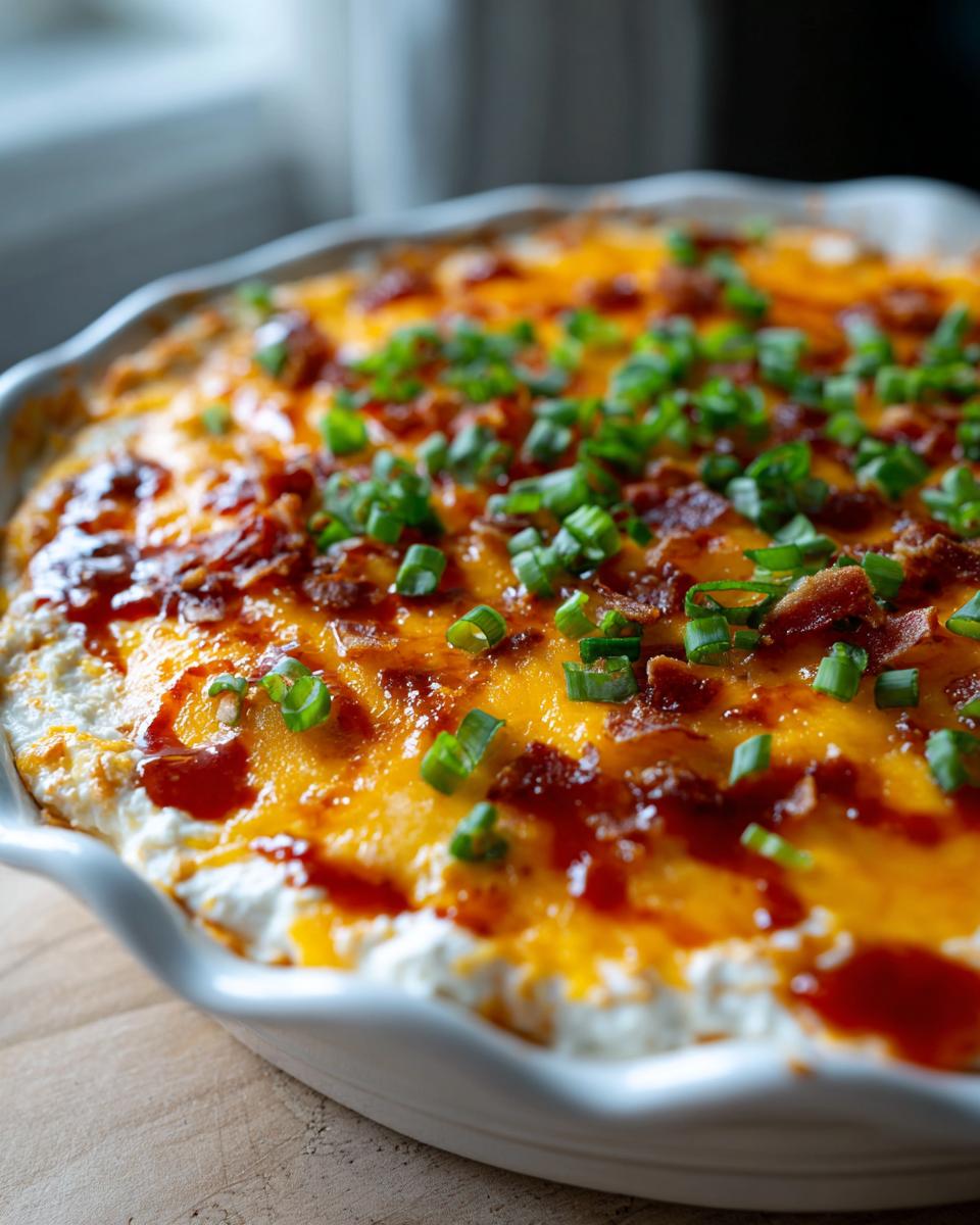 Close-up of a hot, baked cream cheese dip topped with melted cheddar, bacon bits, and fresh green onions.