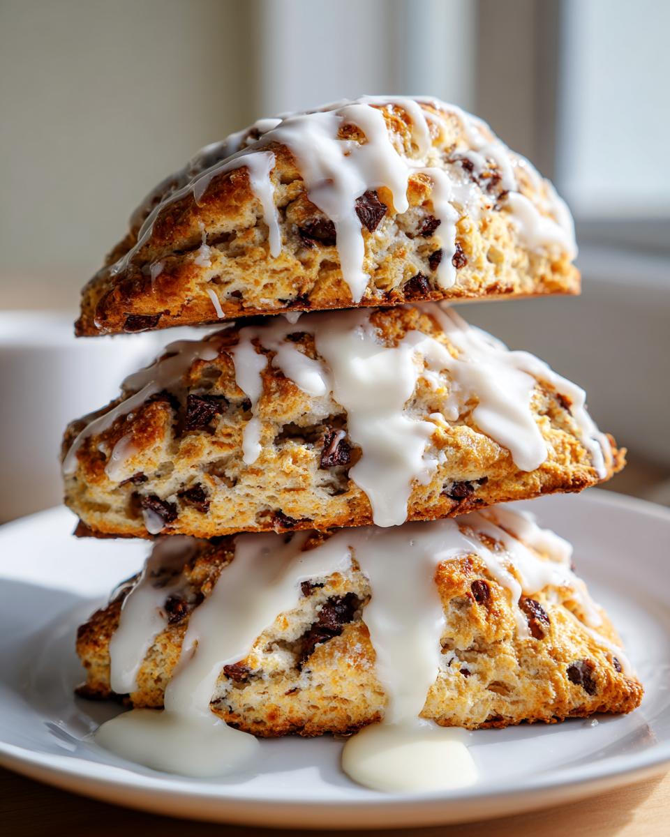 Three delicious chocolate chip scones stacked high and drizzled generously with white vanilla glaze.