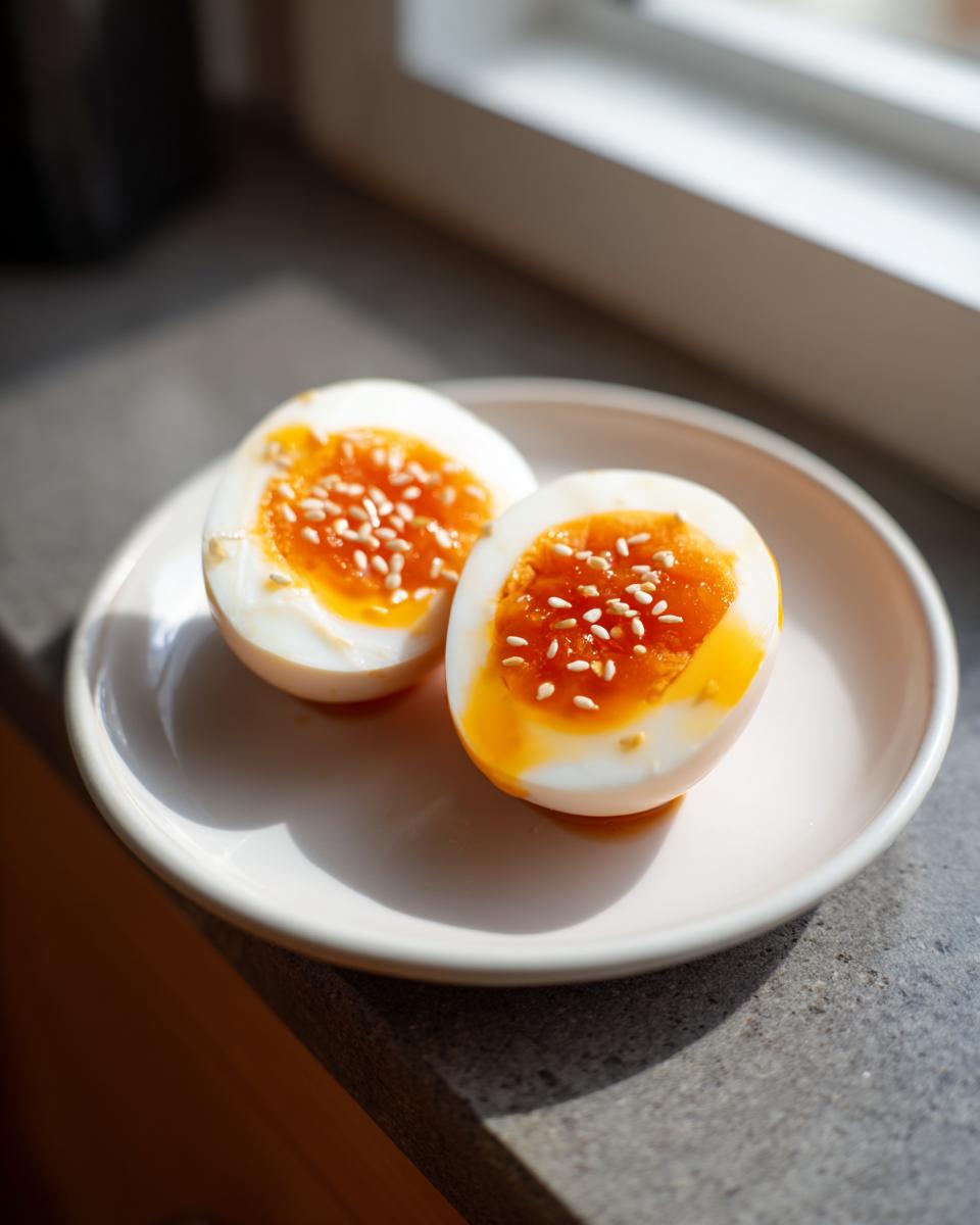 Two halves of soft-boiled marinated eggs with bright orange yolks, sprinkled with sesame seeds, served on a small white plate.