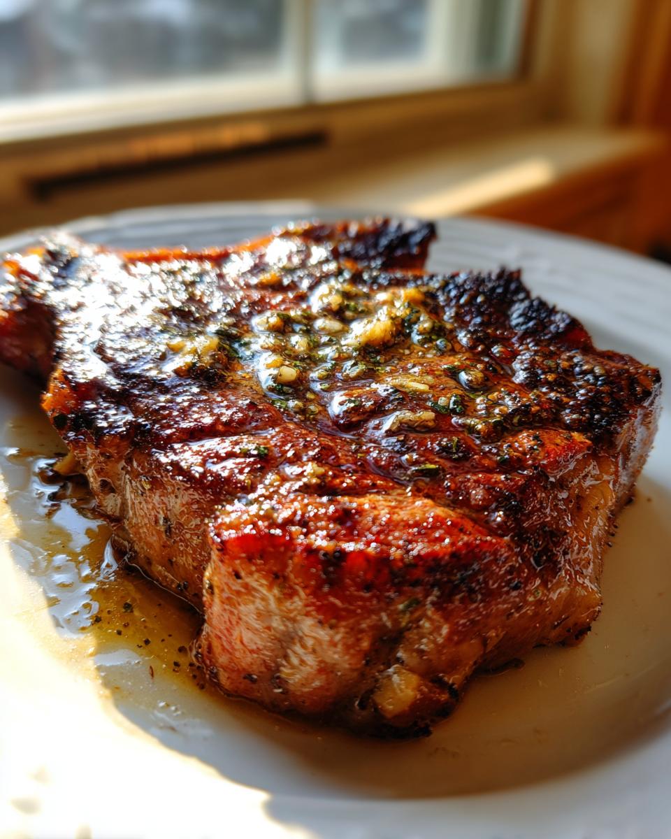 Close-up of a juicy, perfectly seared air fryer steak topped with melted garlic herb butter, resting on a white plate.