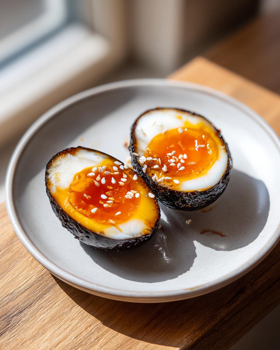 Two halves of a perfectly cooked marinated egg showing jammy orange yolks, sprinkled with sesame seeds.