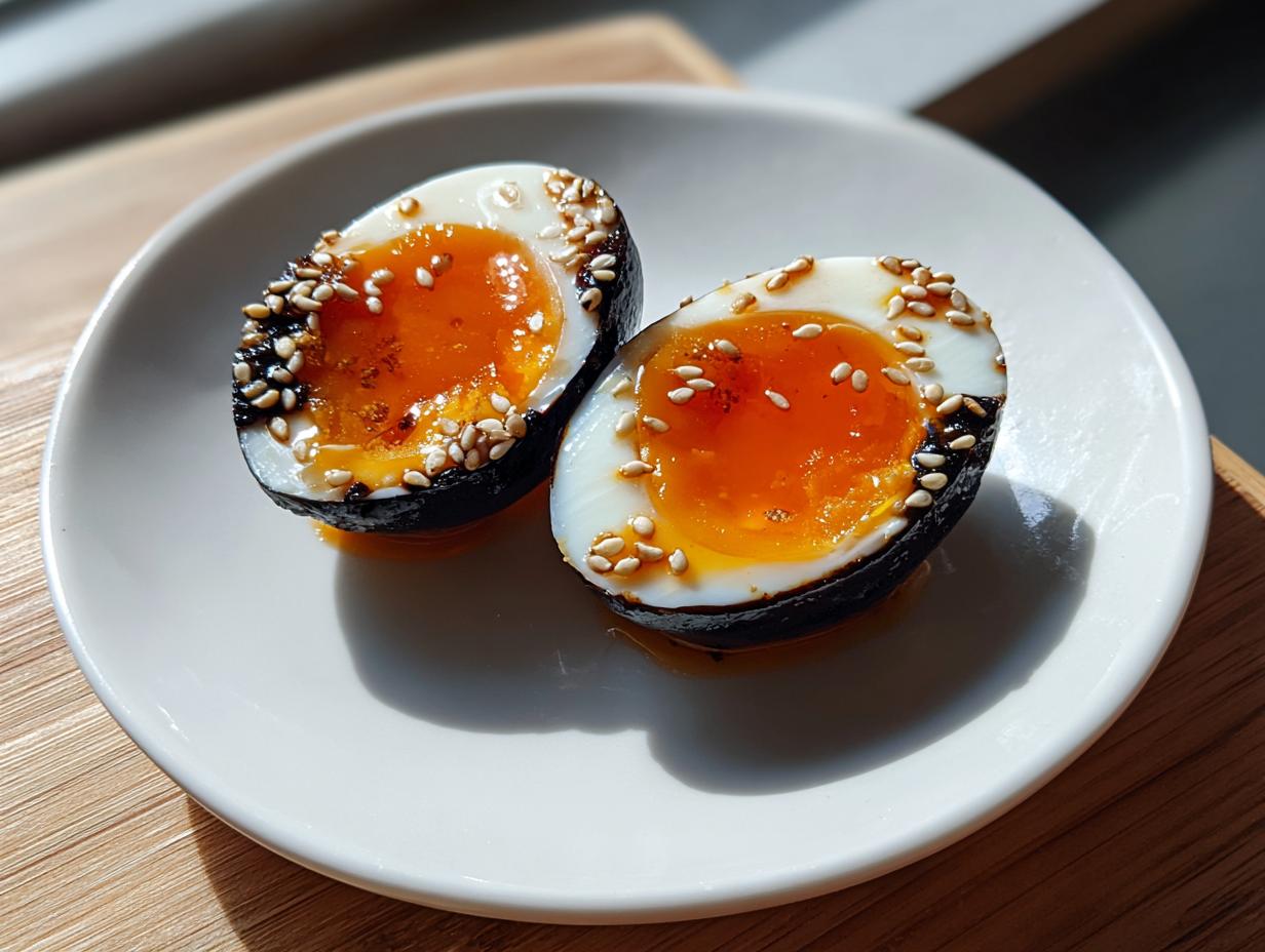 Two halves of a soft-boiled marinated eggs with dark exteriors, bright orange yolks, and sesame seeds, served on a white plate.