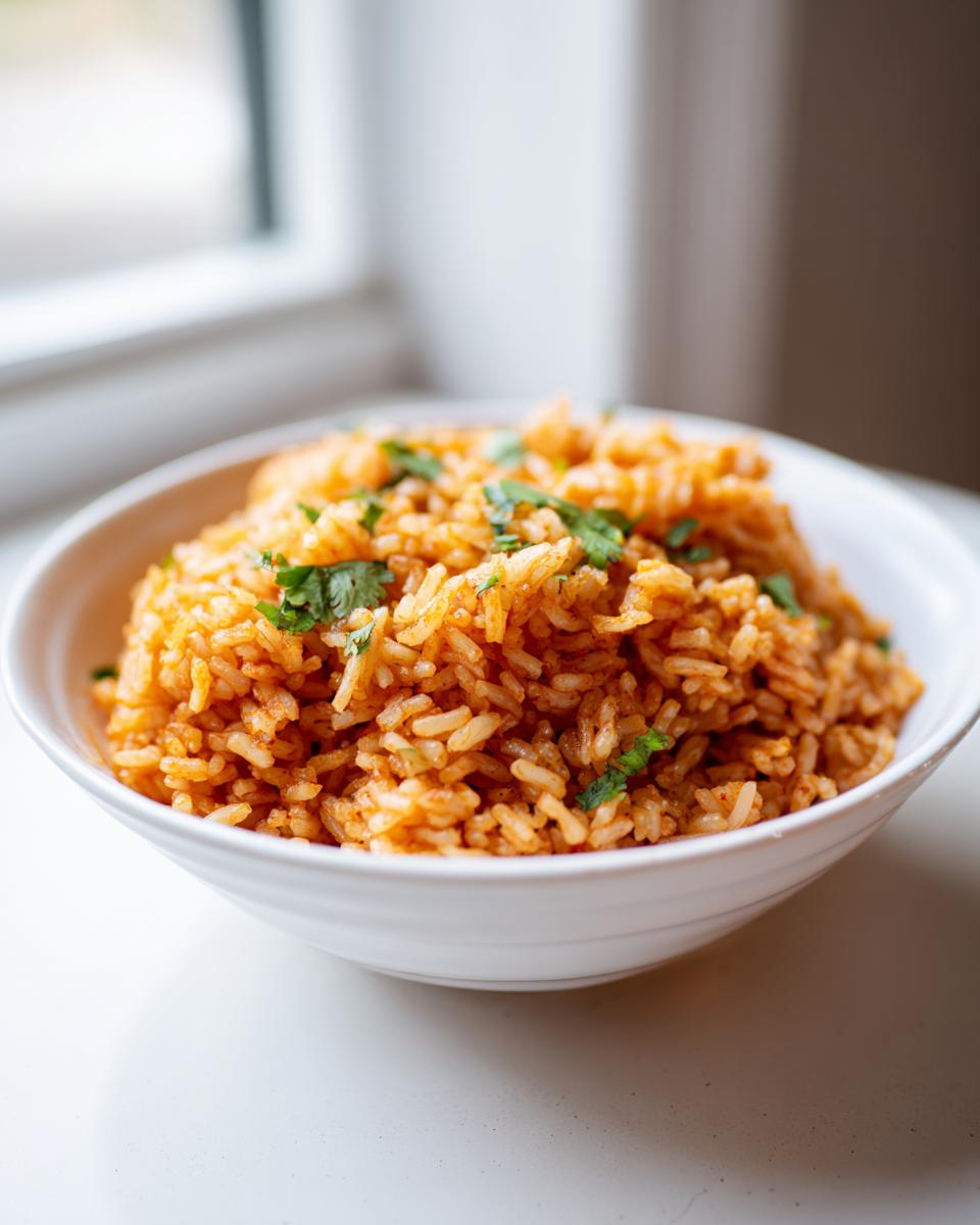 A close-up of a white bowl filled with vibrant orange Mexican rice recipe, garnished with fresh cilantro.