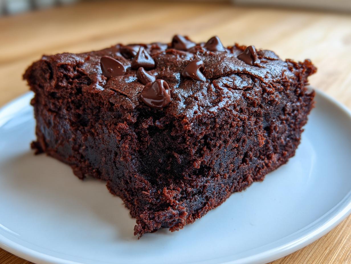 Close-up of a rich, dark slice of black bean brownies topped with melted chocolate chips on a white plate.