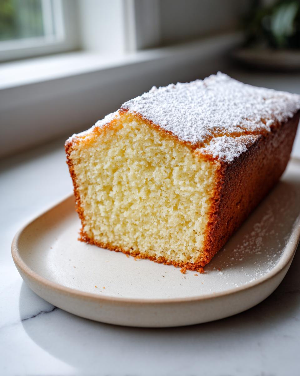 A close-up of a loaf of moist cream cheese pound cake dusted with powdered sugar, sitting on a ceramic plate.