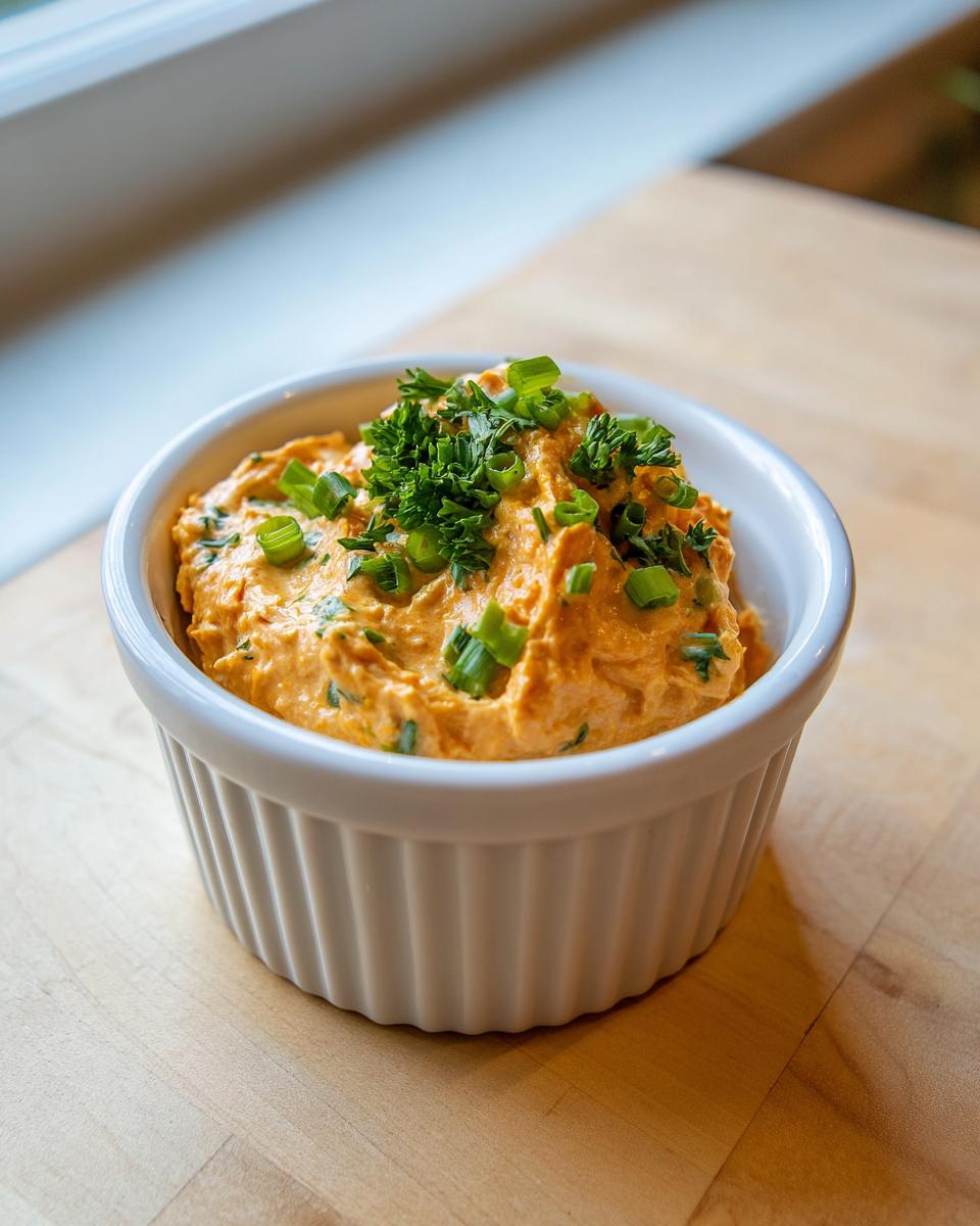 A small white ramekin filled with thick, orange-hued remoulade sauce, topped with chopped chives and parsley.