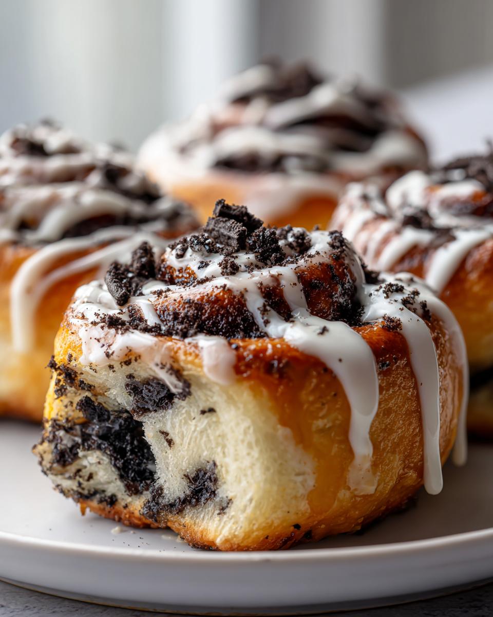 A close-up of several soft Oreo cinnamon rolls topped with white icing and crushed Oreo pieces.