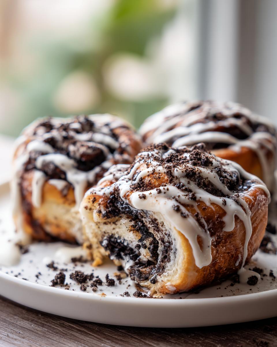 Three decadent Oreo cinnamon rolls drizzled with white icing and topped with crushed Oreo pieces, one roll is broken open.