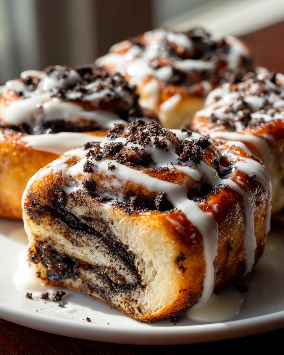 A close-up view of several decadent oreo cinnamon rolls drizzled with white icing and topped with dark cookie crumbs.