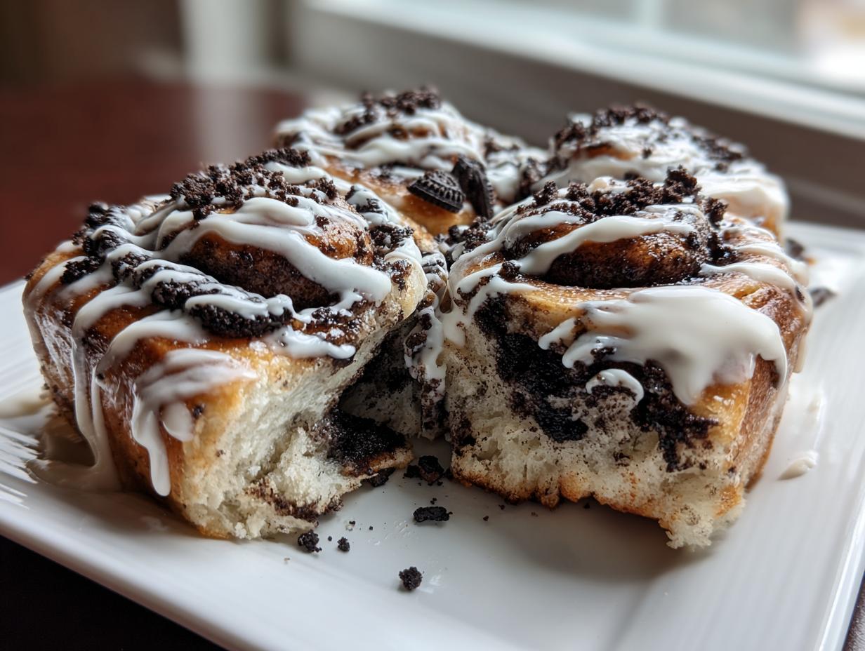 Four decadent oreo cinnamon rolls drizzled with white icing and topped with crushed cookies, served on a white plate.