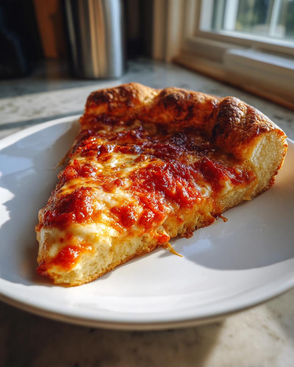 A thick slice of pizza with bright red sauce and melted cheese on a white plate, showcasing the fluffy cottage cheese pizza crust.