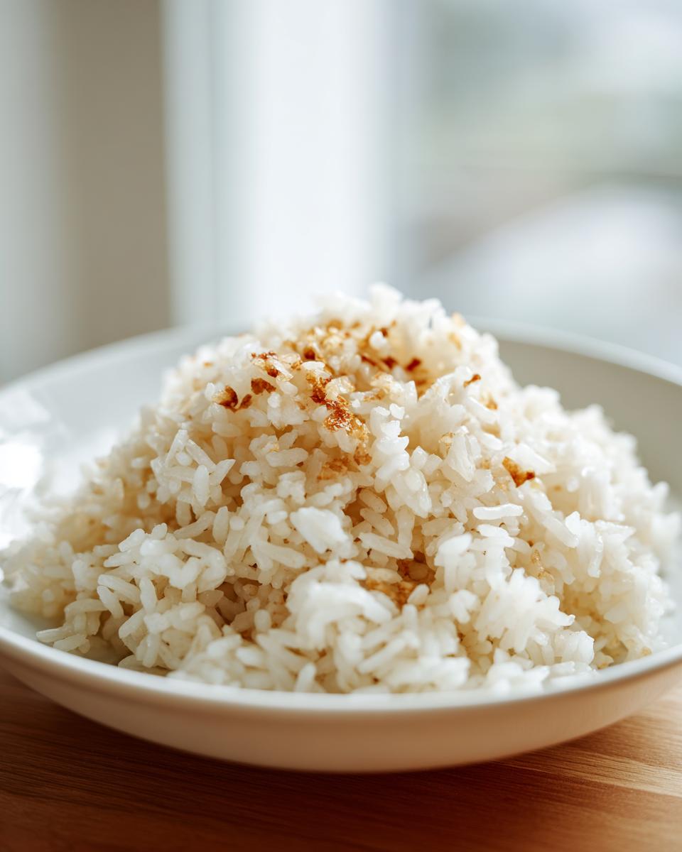 Close-up of a white bowl filled with fluffy white butter rice, lightly sprinkled with browned bits.