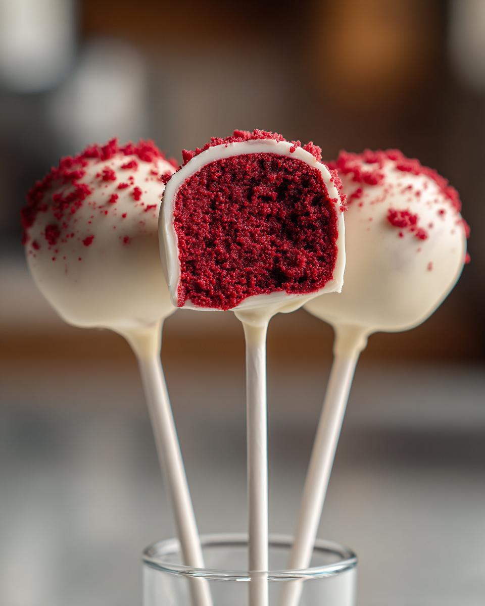 Three white chocolate-dipped red velvet cake pops, one cut in half showing the vibrant red interior and red crumb topping.