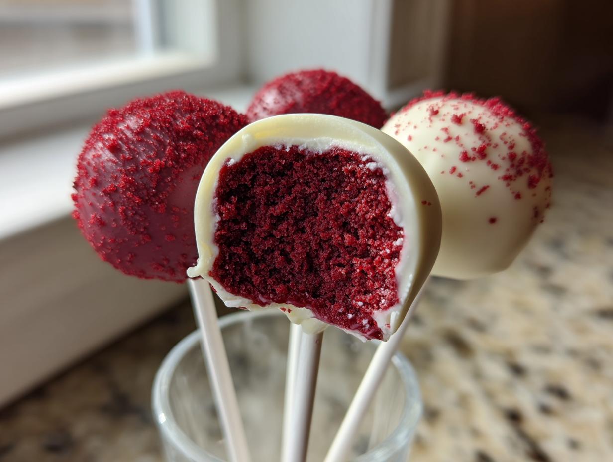Close-up of several red velvet cake pops, one cut open to show the rich red interior and white chocolate coating.
