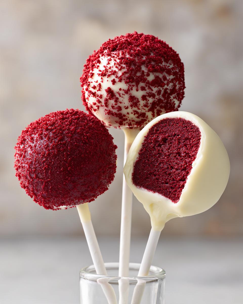 Three red velvet cake pops, one cut in half showing the interior, coated in white chocolate and red crumbs.