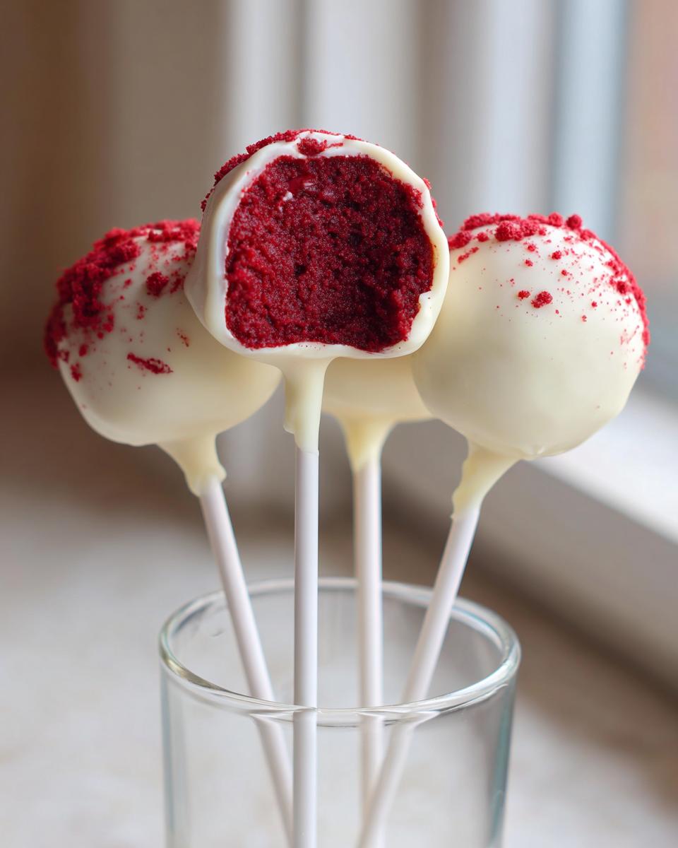 Close-up of several red velvet cake pops dipped in white chocolate, one showing the vibrant red interior.
