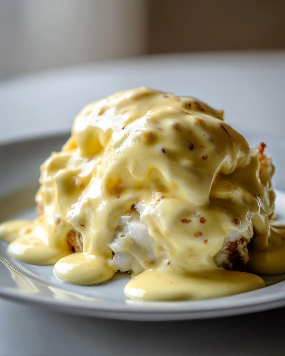 Close-up of a perfectly poached egg covered in thick, creamy hollandaise sauce, likely part of Eggs Benedict.