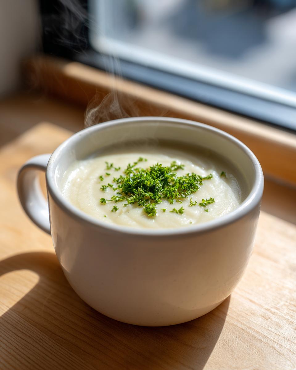 Close-up of hot, creamy roasted cauliflower soup garnished with fresh parsley in a white mug.