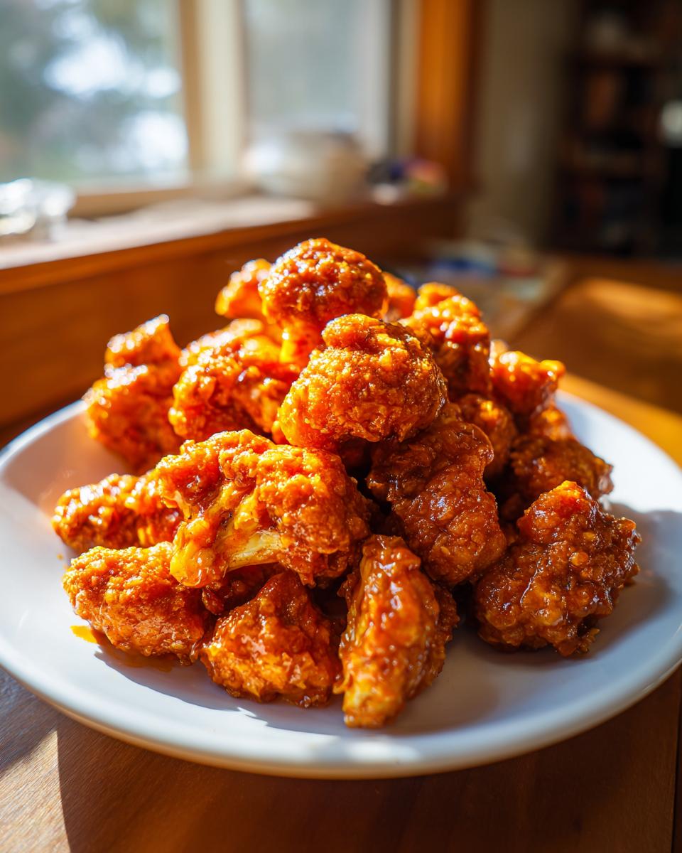 A mound of crispy, sauce-covered buffalo cauliflower bites piled high on a white plate, catching the sunlight.