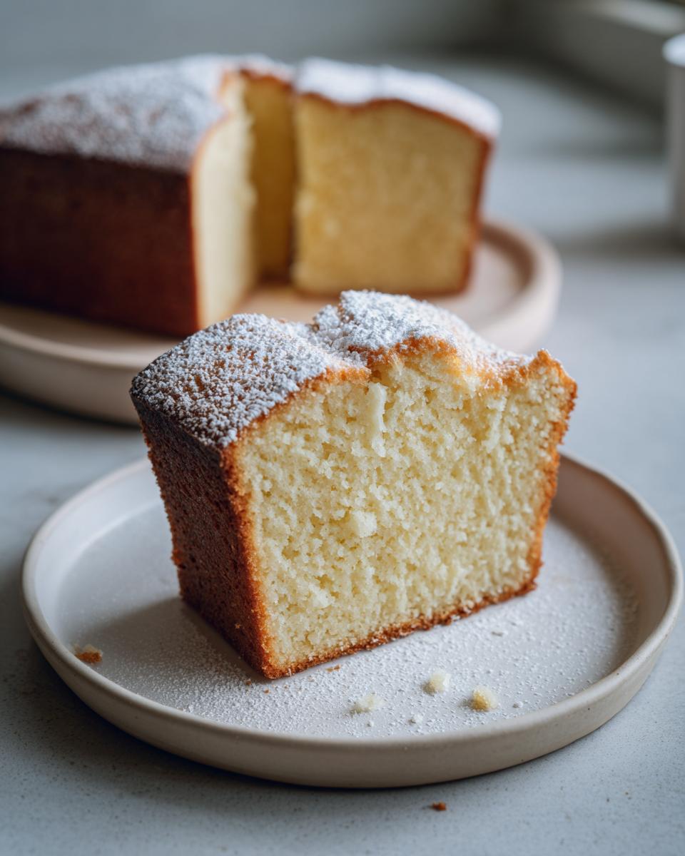 A close-up of a moist slice of cream cheese pound cake dusted with powdered sugar, with the rest of the cake blurred in the background.