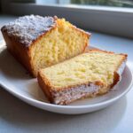 A close-up of a slice of moist cream cheese pound cake dusted with powdered sugar, next to the rest of the loaf.