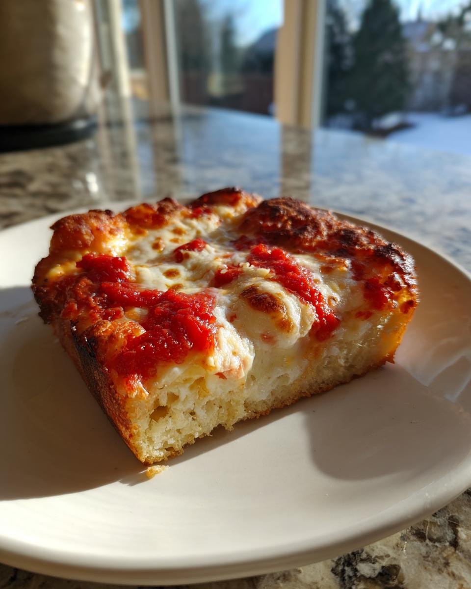 A thick, square slice of pizza featuring a fluffy cottage cheese pizza crust, topped with melted mozzarella and bright red sauce.