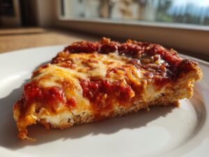 Close-up of a thick slice of pizza featuring melted cheese and sauce on a cottage cheese pizza crust.