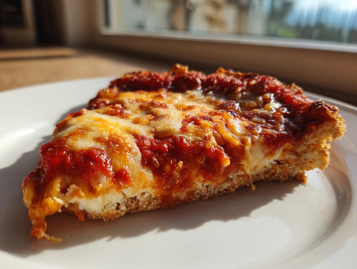 Close-up of a thick slice of pizza featuring melted cheese and sauce on a cottage cheese pizza crust.
